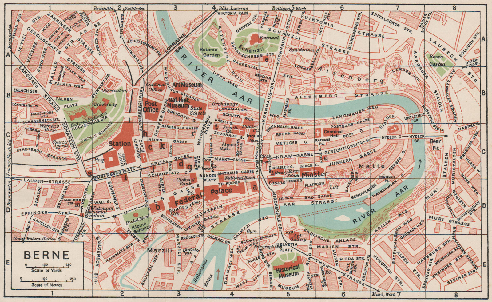 BERNE. Vintage town city map plan. Switzerland. Berne 1930 old vintage
